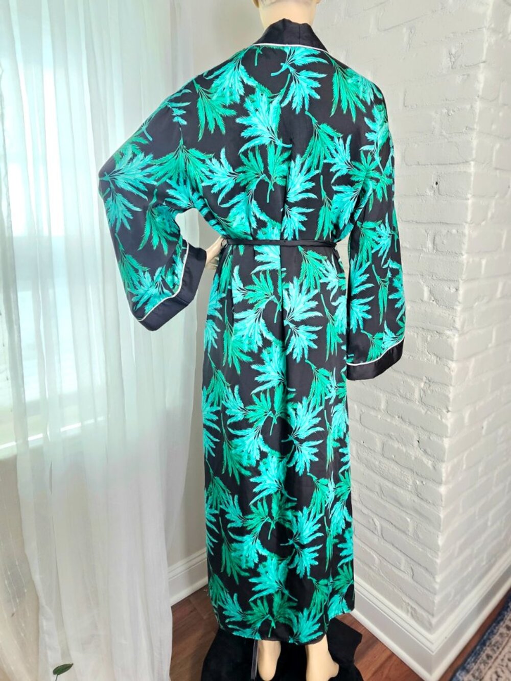 FeNoel x Target Palm Print Kimono Robe Size L Black Green Belted Duster Coverup - Picture 3 of 10
